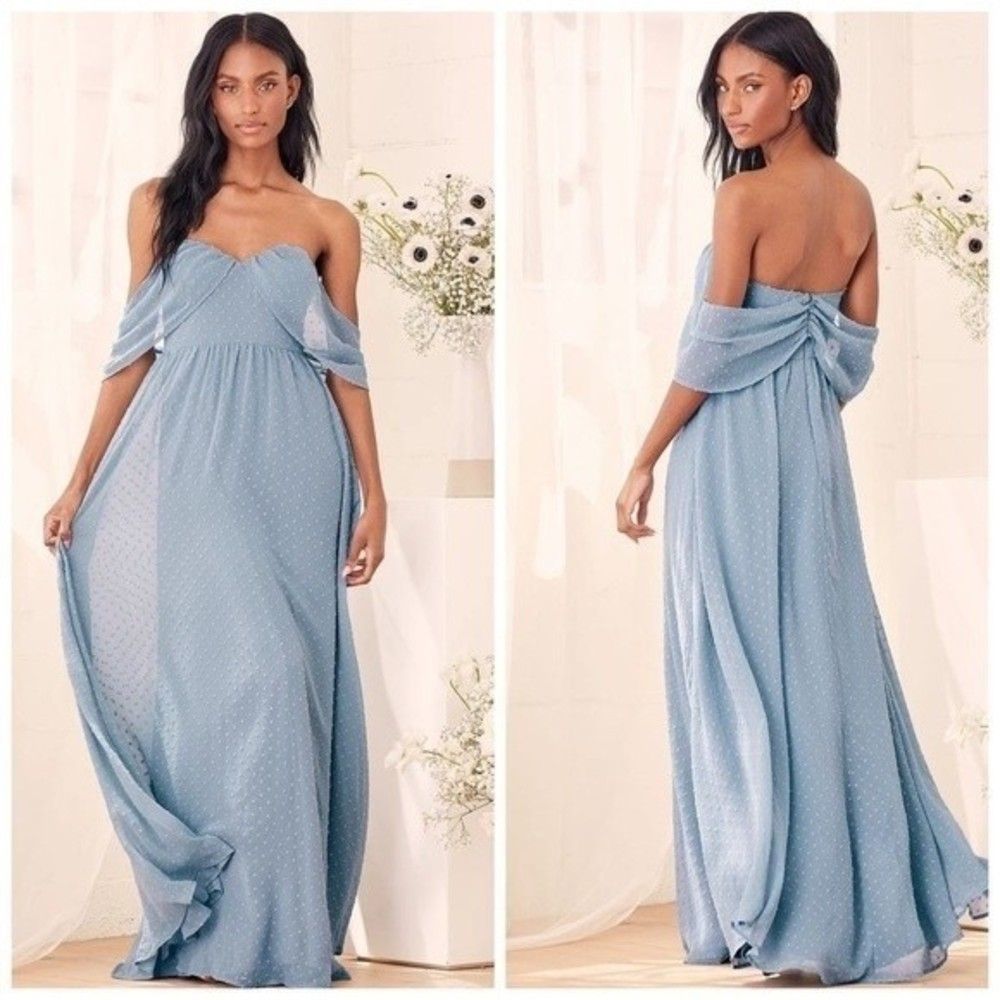 Lulus Got My Heart Slate Blue Swiss Dot Off-the-Shoulder Maxi Dress Size XS